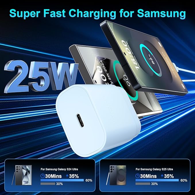 Super Fast Charger Type C, 25W USB C Wall Charger Fast Charging for Samsung Galaxy S25 Ultra/S25/S25+/S24+/S24 Ultra/S24/S24+/S23 Ultra/S22 Ultra/S21 Ultra with 12FT Long Type C Charger Cable 2Pack
