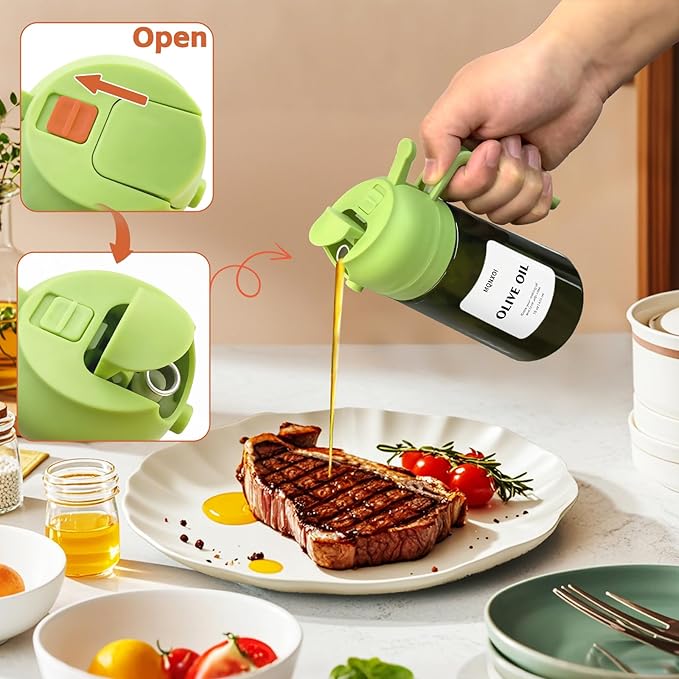2 in 1 Glass Oil Sprayer & Dispenser,16oz/470ml Olive Cooking, Air Fryer, and Salad, for Kitchen Gadgets and Air Fryer Accessories, w/Stickers (White + Dark Green Bottle1)