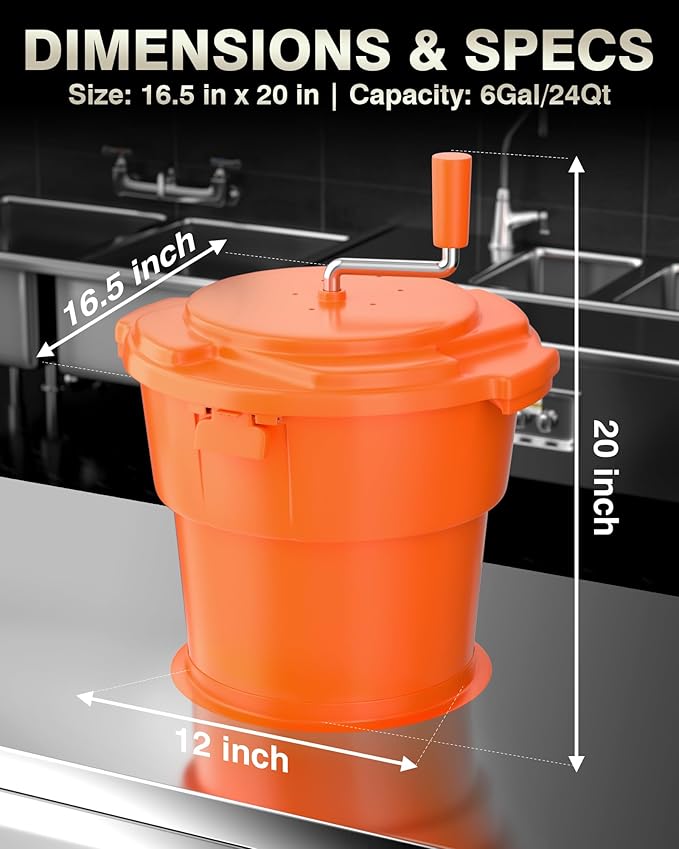 WantJoin Commercial Salad Spinner - 6 Gallon Salad Dryer w/Silicone Anti-slip Mat & Draining Hose, Orange, 24Qt Manual Salad Spinner for up to 7 Heads of Lettuce Spinner Large for Catering