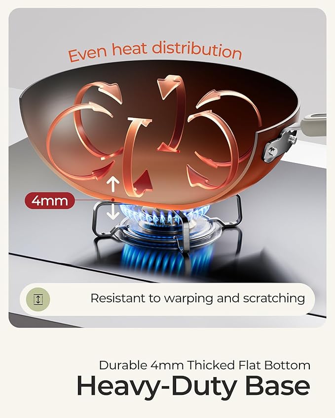 Carbon Steel Wok Pan - 11.8 Inch Pre-Seasoned Flat Bottom Chinese Woks & Stir Fry Pans with Lid, Lightweight Kitchen Cookware for All Stovetops, Gas, Electric, Gift for Women/Mom with Spatula Spoon