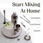 Modern Mixology 21-Piece Cocktail Shaker Set with Stand, Bartender Kit for Home Bar Accessories: 24oz Martini Shaker, Jigger, Strainer, Bar Spoon, Tongs, Opener, Muddler (Silver, Dark Brown Stand)