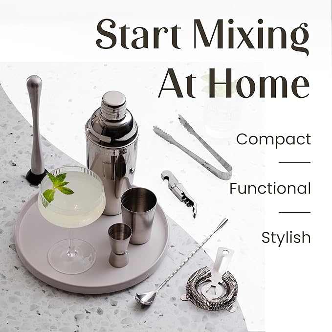 Modern Mixology 21-Piece Cocktail Shaker Set with Stand, Bartender Kit for Home Bar Accessories: 24oz Martini Shaker, Jigger, Strainer, Bar Spoon, Tongs, Opener, Muddler (Silver, Dark Brown Stand)