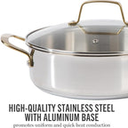 Martha Stewart Castelle 10 Piece 18/8 Durable Stainless Steel Induction Safe Pots and Pans Non-Toxic Kitchen Cookware Set - Gold Handles - Dishwasher Safe