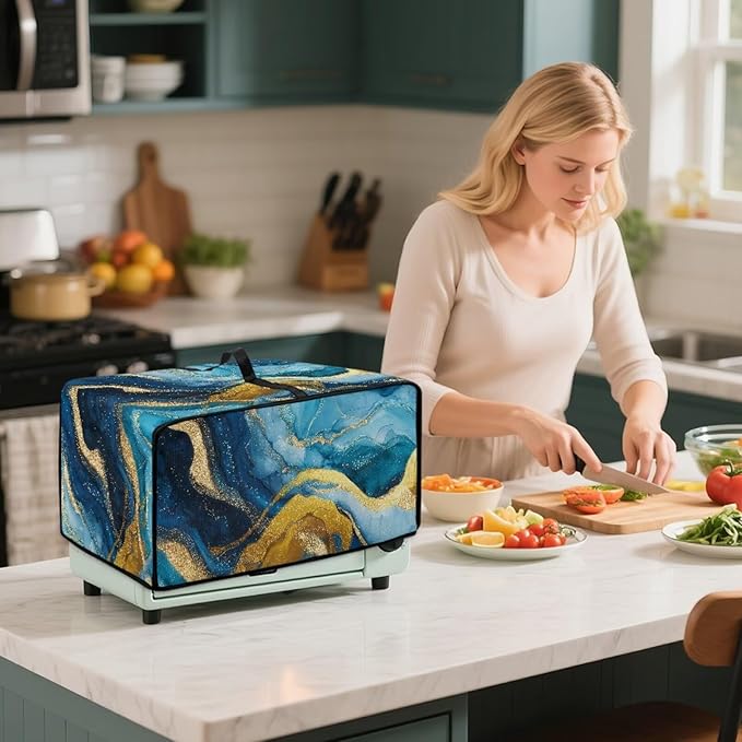Marble Print Toaster Oven Dust Cover for Kitchen Counter, Heavy Duty Heat-resistant Microwave Oven Protective Cover Air Fryer Covers, Blue & Gold (Large-18.5 * 22.5 * 12.99 inches)