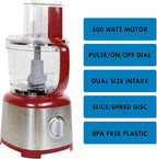 Kenmore 11-Cup Food Processor and Vegetable Chopper with Reversible Slicing/Shredding Disc, Chop, Slice, Shred, Mince, Grate, Puree, Stainless Steel, 500W, Red and Silver