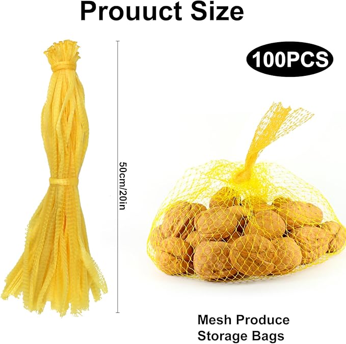 100Pcs Produce Mesh Bags,20 Inch Seafood Boil Bags Packing Supplies Net,Reusable Mesh Nylon Netting Bulk Storage Bag for vegetables Storage Fruits Seafood and Other Agricultural Products(Yellow)