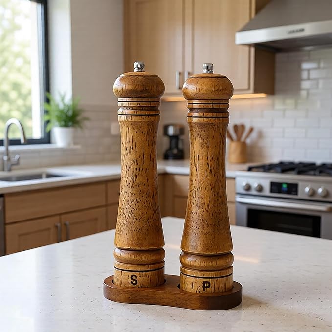 Wooden Salt and Pepper Grinder Set, Premium Oak Wood Salt Grinders Shakers, Pepper Mill with S and P Engraving, Adjustable Ceramic Grinder (10″ - 2 Packs with Tray)