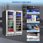 24 Inch Wine and Beverage Refrigerator, Dual Zone Beverage Cooler with Glass Door, Built-In or Freestanding Wine Fridge with Fast Cooling, 20 Bottles and 88 Cans Large Capacity