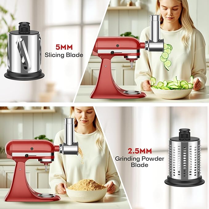 Stainless Steel Slicer Shredder Attachment for Kitchenaid Stnad Mixer, Cheese Grater Attachment for KitchenAid - 4 Blades Salad Maker with Grinding Powder Function by FGREEBLE