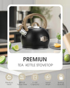 Hauce Radio Tea Kettle Stovetop, Black Tea Kettles-2.1 Quart Loud Whistle Stovetop Teapot,Food Grade Stainless Steel with Wood Pattern Handle, Unique Button Control Kettle Outlet for Tea, Coffee