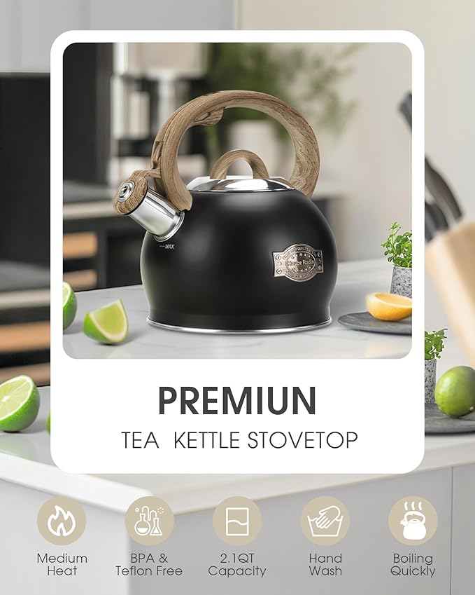 Tea Kettle Stovetop, Black Tea Kettles-2.1 Quart Loud Whistle Stovetop Teapot,Food Grade Stainless Steel with Wood Pattern Handle, Unique Button Control Kettle Outlet for Tea, Coffee