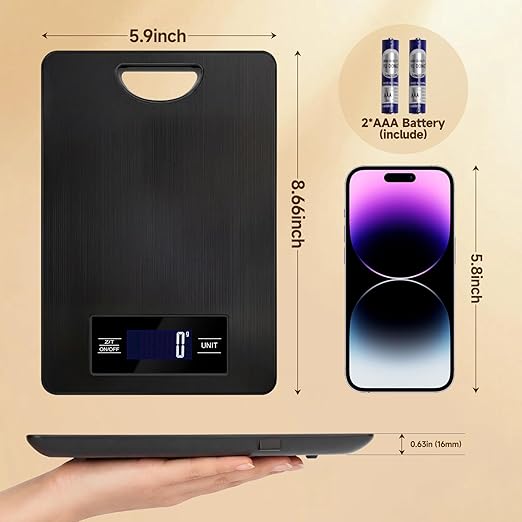Digital Kitchen Scale and Food Weight Scale with Hang Loop, 11lb Baking Scale for Home and Kitchen, Precise Scales with Grams and Ounces, Stainless Steel (Black)
