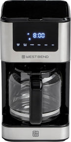 West Bend Drip Coffee Maker Brews Hot or Iced, Programmable with Brew Strength Selector Auto Shut-Off and 6 Functions Permanent Mesh Filter and Glass Carafe, 12-Cup, Metallic