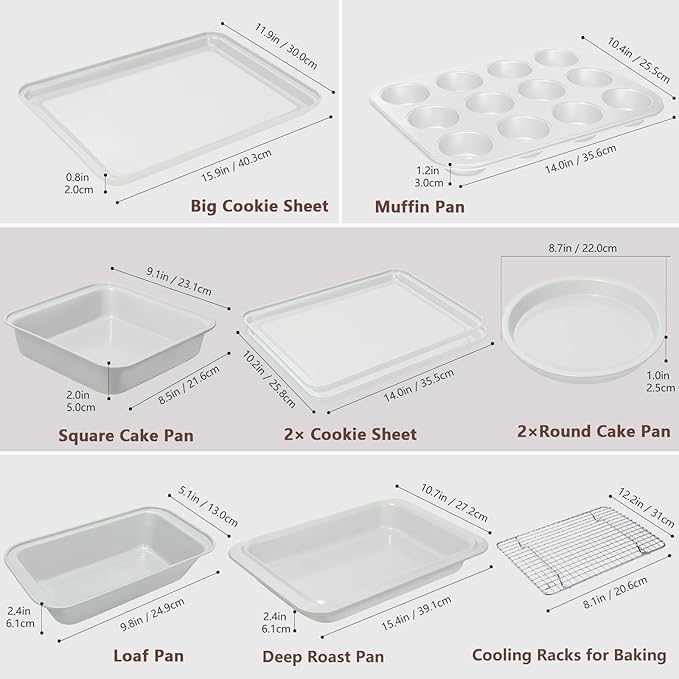 Nonstick Bakeware Set 10 Pcs, Professional Kitchen Bicolor Baking Pans Set with Cookie Sheets, Muffin Pan, Loaf Pan, Cake Pan and Cooling Rack, Dishwasher Safe, 0.8mm Thick Heavy Duty