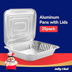 JOLLY CHEF 9x13 Aluminum Pans with Lids (25 Pack)- Disposable Foil Food Containers with Lids for Cooking, Heating, Storing, Prepping Food- Thanksgiving, Christmas, Parties
