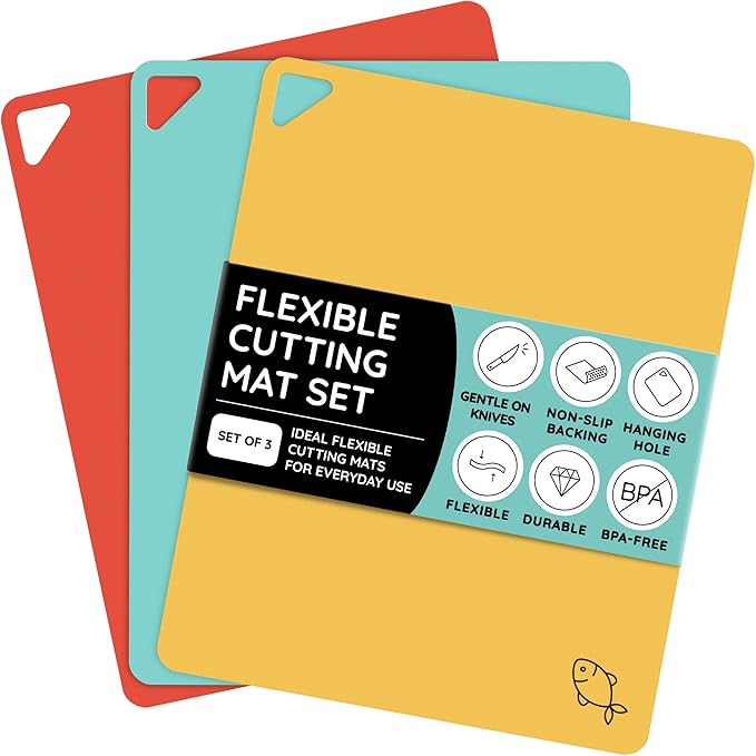 July Home Cutting Board Alternative for Kitchen - Extra Thick Flexible Plastic Cutting Board Set of 3, Non-Slip, BPA-Free, Easy to Clean, Colored Cutting Mats for Cooking, Durable Chopping Sheets