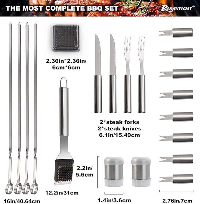 ROMANTICIST 28pcs BBQ Accessories Set with Thermometer - The Very Best Grill Gift on Birthday Wedding - Heavy Duty Stainless Steel Grill Set in Case for Outdoor Cooking Camping Grilling Smoking