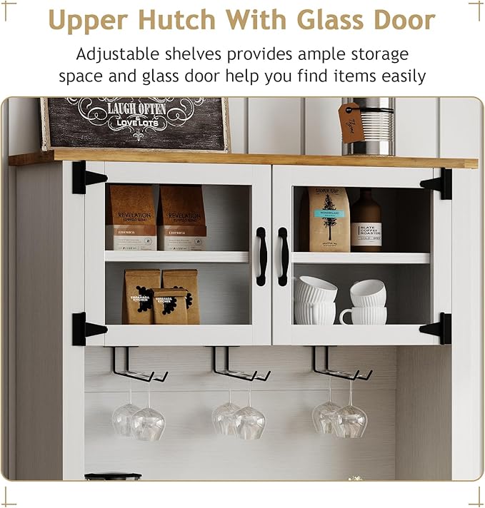 4ever2buy 72" Farmhouse Coffee Bar Cabinet with Sliding Barn Door, White Coffee Bar with Storage, Large Kitchen Buffet Cabinet with Wine Rack, Tall Bar Cabinet Table Living Dining Room