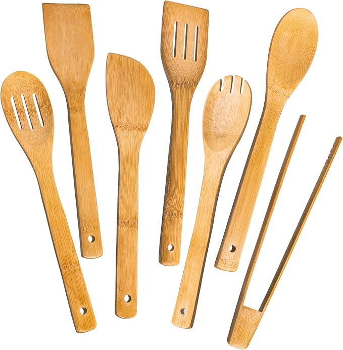 Eisinly Wooden Spoons for Cooking 7-Piece, Kitchen Nonstick Bamboo Cooking Utensils Set, Carbonized Bamboo Durability Spatula Spoon for Everyday Use
