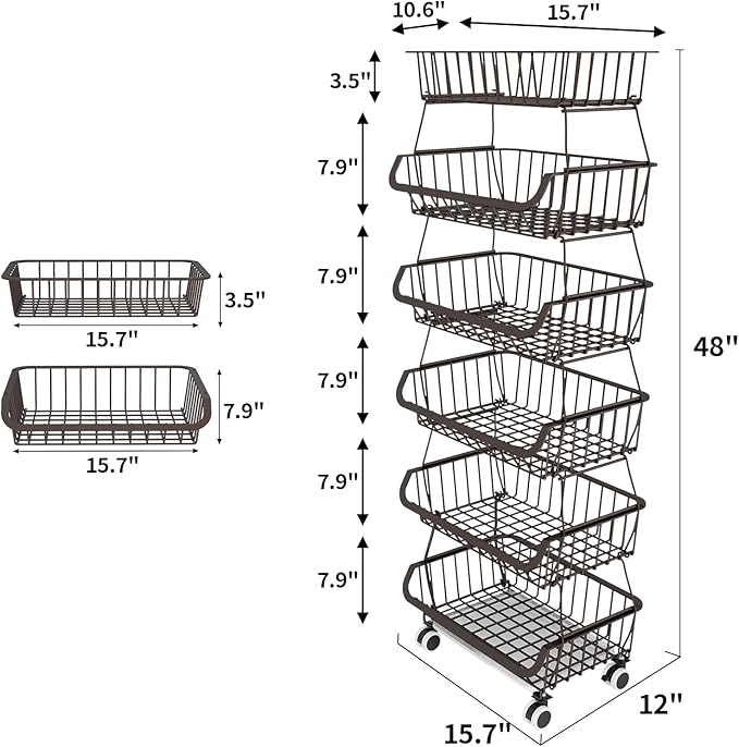 Miyawell Fruit Vegetable Storage Basket for Kitchen - 6 Tier Stackable Metal Wire Baskets Cart with Rolling Wheels Utility Fruits Rack Produce Snack Organizer Bins for Pantry Bathroom Laundry Bronze