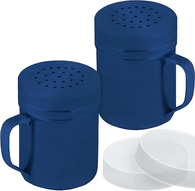 CUSINIUM 6oz Navy Blue Stainless Steel Salt Pepper Dredge Shakers - With Plastic Cap - With Handle - Pack of 2