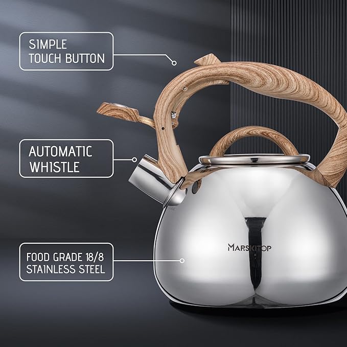 MARSKITOP Whistling Tea Kettle for Stove Top, Stainless Steel Tea Pot with Wooden Pattern Handle, Loud Whistle Water Kettle 2.6 Quart, Silver