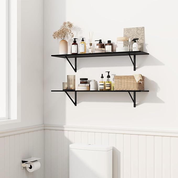 Fun Memories Deep Floating Shelves for Wall, 55W x 8D Wall Mounted Shelves Set of 2, Wide Display Ledge Shelf with Sturdy Metal Brackets for Living Room, Bathroom, Bedroom and Kitchen, Black