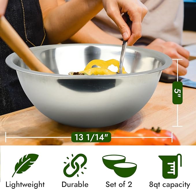 8 Quart, Set of 2, Mixing Bowls, Stainless Steel, Professional Chef, Commercial Kitchen, 13.25 Inches Diameter, Flat Base