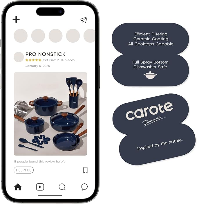 CAROTE 21pcs Cookware Set Nonstick Pots and Pans Set, Ceramic Cookware Set Induction Cookware, Non toxic Healthy Non Stick Kitchen Cooking Set, PFAS PTFE Free, Blue