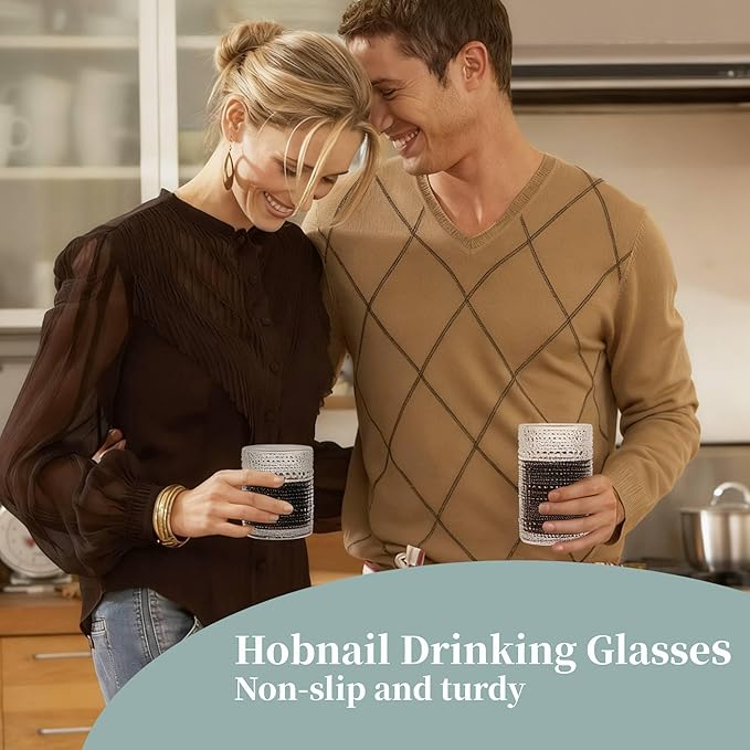 Colored Hobnail Drinking Glasses Set of 6, 15 oz Vintage Highball Glasses, Drinkware Kitchen Glasses for Cocktail, Iced Coffee, Beer, Ice Tea, Wine, Whiskey, Water