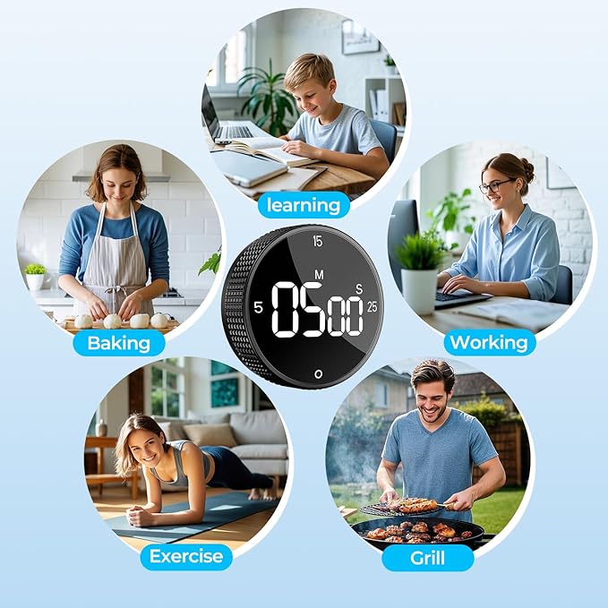 Digital Kitchen Timer, Large Display Magnetic Countdown Countup Timer, 3 Preset Times (5, 15, 25),Volume & Brightness Adjustable for Cooking Classroom Studying, Easy for Kids(Gunmetal 1PCS)