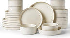 Famiware Star 24-Piece Stoneware Dinnerware Set with Trim, Service for 6 - Shallow Pasta Bowls & Flat Plates, Dishes for Everyday & Formal Use, Chip/Scratch Resistant, Microwave/Dishwasher Safe, White