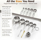 13PCS Stainless Steel Measuring Cups and Spoons Set with Funnel, Stackable Metal Measuring Cup and Spoon Set for Baking Cooking, Dishwasher Safe Kitchen Tools with for Dry & Liquid Ingredients