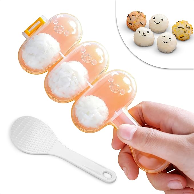 Rice Ball Mold - Mini Rice Ball Maker Mold with 3 Bite-Size Portions, Plastic Shaker with Scoop for Fast Shake Shaping – Versatile Tool for Bento Meals, Temari Sushi, Yaki-Onigiri & Creative Plating