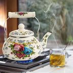 Fasmov 2.5L Enamel Teapot, Large Porcelain Enameled Teakettle, Floral Colorful Tea Kettle with Handle for Stovetop, Retro Steel Teapot for Hot Water, No Whistling