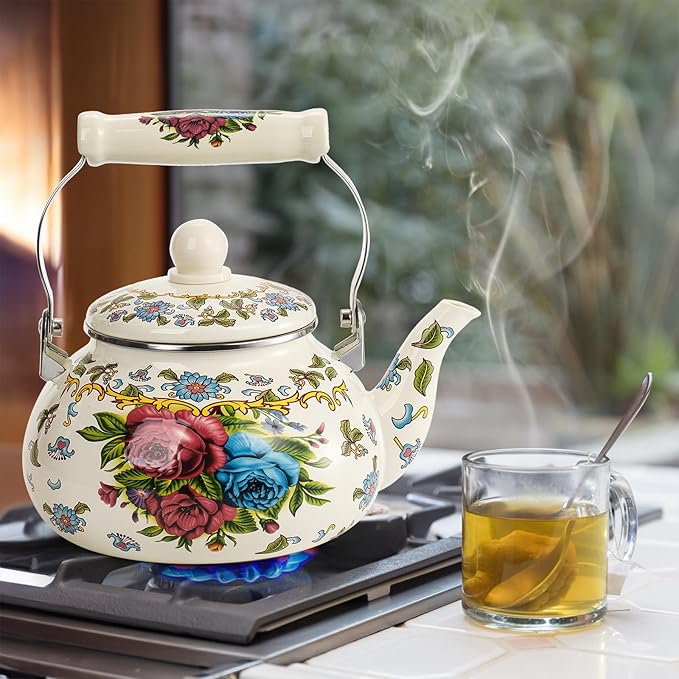 Fasmov 2.5L Enamel Teapot, Large Porcelain Enameled Teakettle, Floral Colorful Tea Kettle with Handle for Stovetop, Retro Steel Teapot for Hot Water, No Whistling