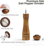 Wooden Salt and Pepper Grinder Set, Premium Oak Wood Salt Grinders Shakers, Pepper Mill with S and P Engraving, Adjustable Ceramic Grinder – 10 inches, 2 Pack