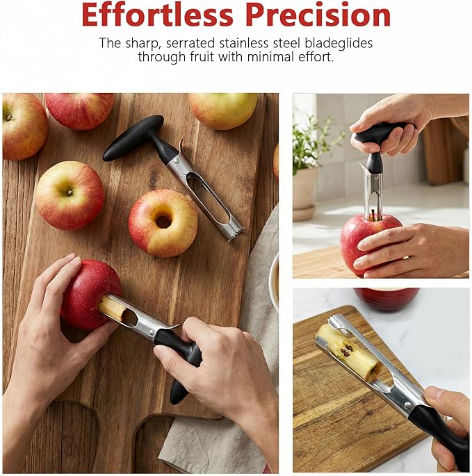 Apple Corer Tool, Stainless Steel Apple Corer Remover, Apple Core Remover, 2-in-1 Apple Corer and Slicer with Easy Push Core Release, Ergonomic Non-Slip Handle, Dishwasher Safe