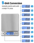 NEXT-SHINE Gram Scale 500g x 0.01g Precision, Digital Mini Pocket Size Portable Scale with Two Trays Nine Units, LCD Display Stainless Steel Platform for Weighing Jewelry Cooking Baking