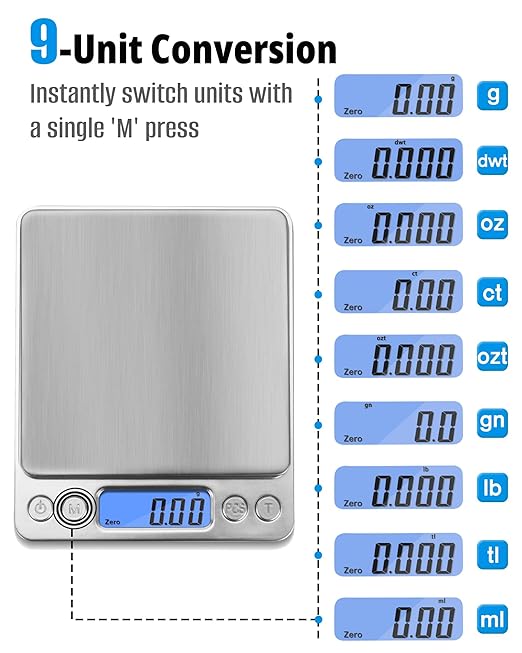 NEXT-SHINE Gram Scale 500g x 0.01g Precision, Digital Mini Pocket Size Portable Scale with Two Trays Nine Units, LCD Display Stainless Steel Platform for Weighing Jewelry Cooking Baking