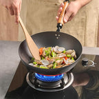 WANGYUANJI 11-Inch Round-Bottom Carbon Steel Wok with Glass Lid, Removable Wooden Handle, Traditional Pow Pan for Gas Flame/Wok Ring Only (Not for Flat-Top or Induction)