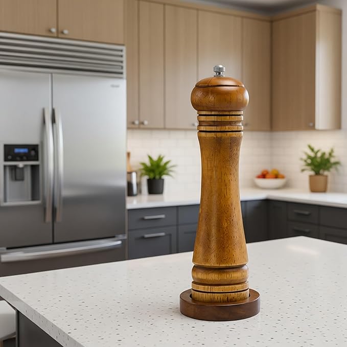 Wood Salt and Pepper Grinder, Salt Grinder and Pepper Mill, Oak Wood Shakers with Adjustable Ceramic Grinders (8″ - 1 Pack with Tray)