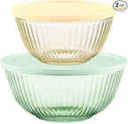Pyrex Colors (2-Pack) Sculpted Tinted Small/Medium Glass Mixing Bowls With Plastic Lids, Nesting Space Saving Set of Bowls For Prepping and Baking, 1.3QT & 2.3QT