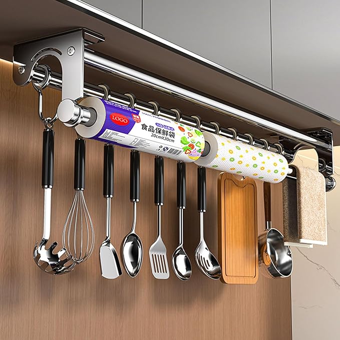 Hanging Wall Mount Knife Wall Mount,Kitchen Utensil Hanger,Space-Saving Kitchen Utensil Rack with Hooks,Kitchen Storage Shelf for Utensils Spatula Spoon, Easy to Clean (Silver, 50CM+10Hook)
