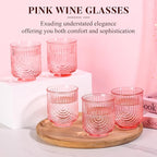 Pink Vintage Drinking Glasses Set of 6-15oz Hand-Blown Highball Ribbed Glassware, Arch Design Cocktail Glasses for Whiskey Water Beverages Ice Coffee Juice Milk