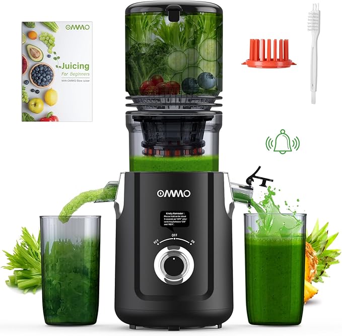 OMMO Cold Press Juicer Machines : 5.1" Wide Feed Chute Slow Masticating Juicer for Whole Fruits & Vegetables, Easy to Clean, High Juice Yield, BPA Free, Black