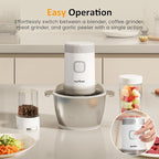 Sunvivi 4-IN-1 Food Processor: Electric Chopper for Meat Grinder, Vegetable Chopper, Juicer, Garlic Peeler & Coffee Grinder, 350W Portable Blender with 2 Speeds, Stainless Steel Bowl, 2 Cups, White