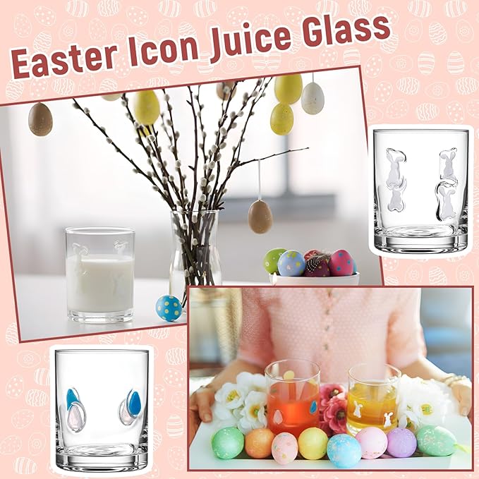 Skylety 2 Pcs Easter Icon Juice Glasses Bunny Drinking Cups Gifts Easter Rabbit Egg Pattern Coffee Mugs 13.5 oz Old Fashioned Whiskey Cocktail Stemless Wine Glasses for Christmas Party Decor