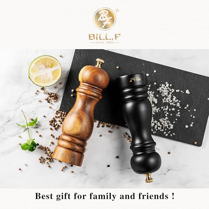 BILL.F Salt and Pepper Grinder Wooden Black Pepper Mill Grinder Salt Pepper Shakers Set of 2 with Adjustable Ceramic Rotor- 7 Inch