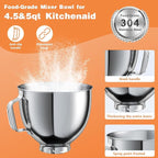 5 QT Food-Grade Stainless Steel Mixer Bowl Compatible With KITCHENAID TILT-HEAD STAND MIXERS 4.5-5 Quart, with Anti-slip handle & Prominent Clasp, Stainless Steel Polished
